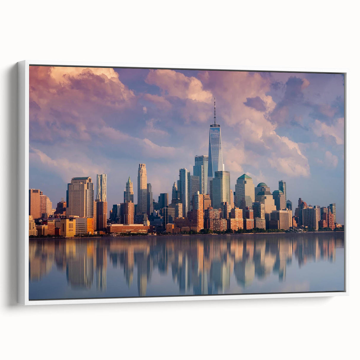 Framed canvas of a black and white vintage poster featuring the New York City skyline, ideal for bedroom wall art.