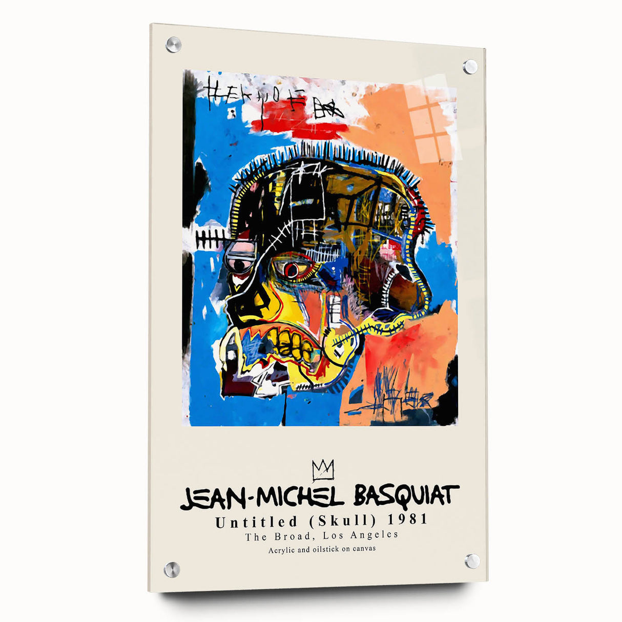 Large abstract wall art on acrylic glass featuring avant-garde Basquiat designs, ideal for bedroom or dining room decor.