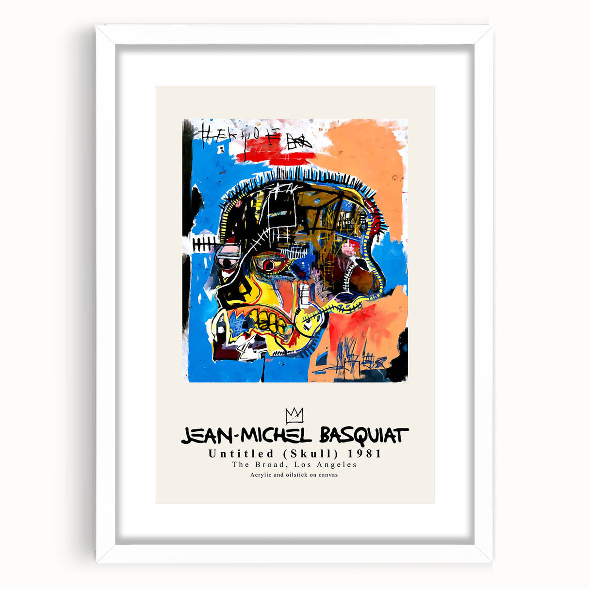 Abstract art print featuring a vibrant mix of chaotic lines and shapes on a white framed canvas.