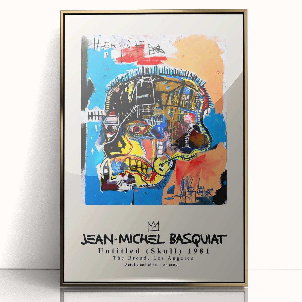 Large art print featuring a mid-century modernist Basquiat design in acrylic, framed in gold.