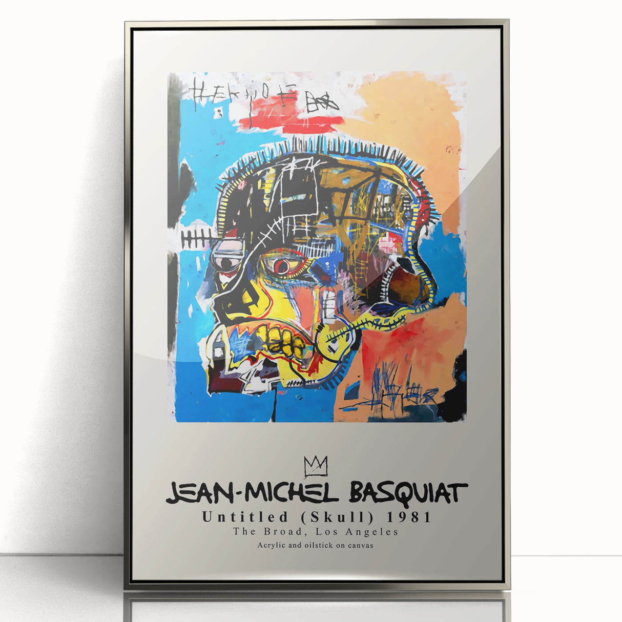 Mid-century modernist art featuring abstract forms in bold primary colors on framed acrylic.