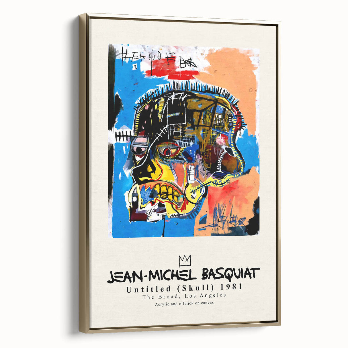Framed canvas featuring a contemporary black and gold Basquiat design, ideal for modern bedroom decor.