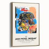 Framed canvas featuring a contemporary black and gold Basquiat design, ideal for modern bedroom decor.