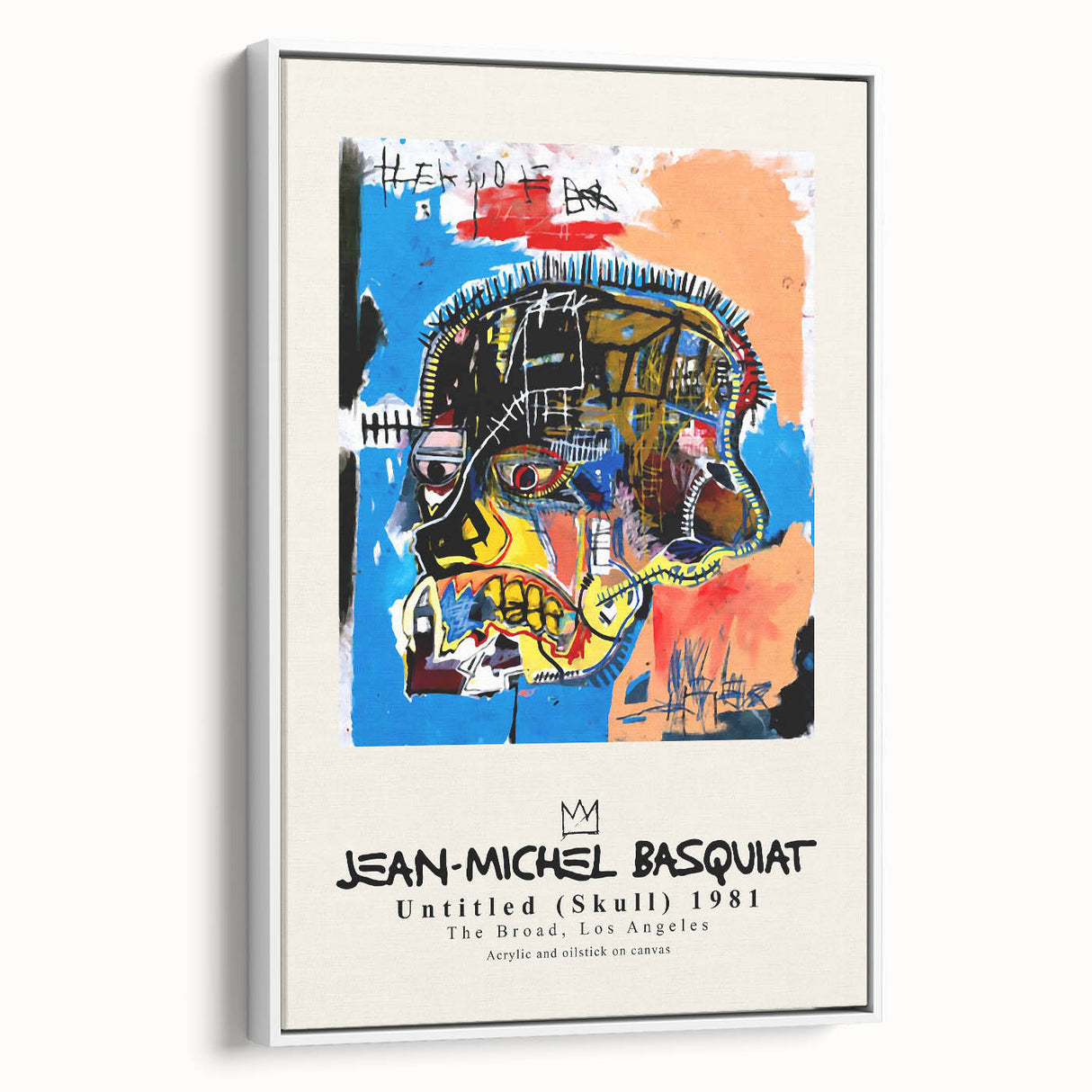 Framed canvas of a vintage poster art featuring a colorful, abstract Basquiat design in black, ideal for living room decor.
