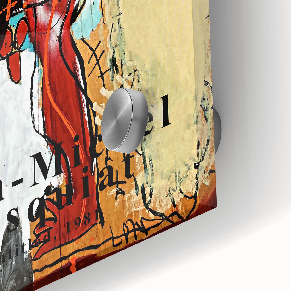 Large abstract wall art on acrylic glass featuring vibrant colors and mid-century modernist design.