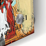 Large abstract wall art on acrylic glass featuring vibrant colors and mid-century modernist design.