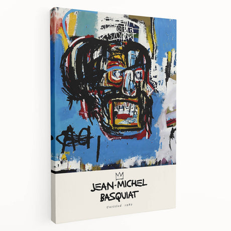 Contemporary avant-garde Basquiat-inspired art on stretched canvas, featuring vivid colors and abstract figures.