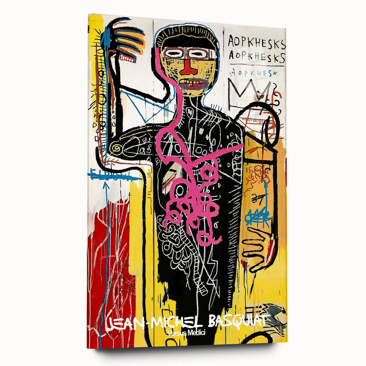 Large abstract wall art on acrylic glass depicting dynamic shapes in vibrant colors.