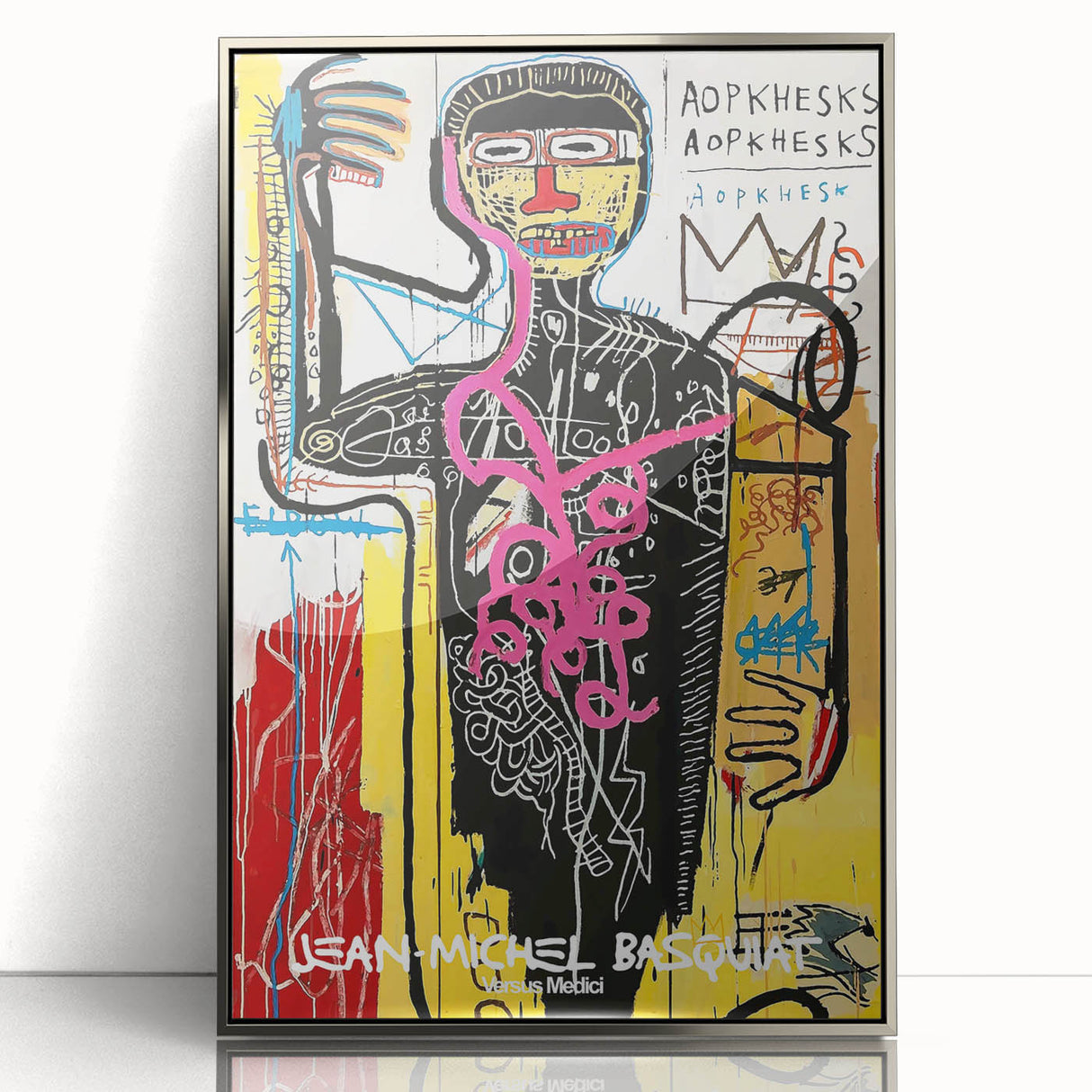 Mid-century modernist art featuring abstract shapes in vibrant colors on a silver-framed acrylic.