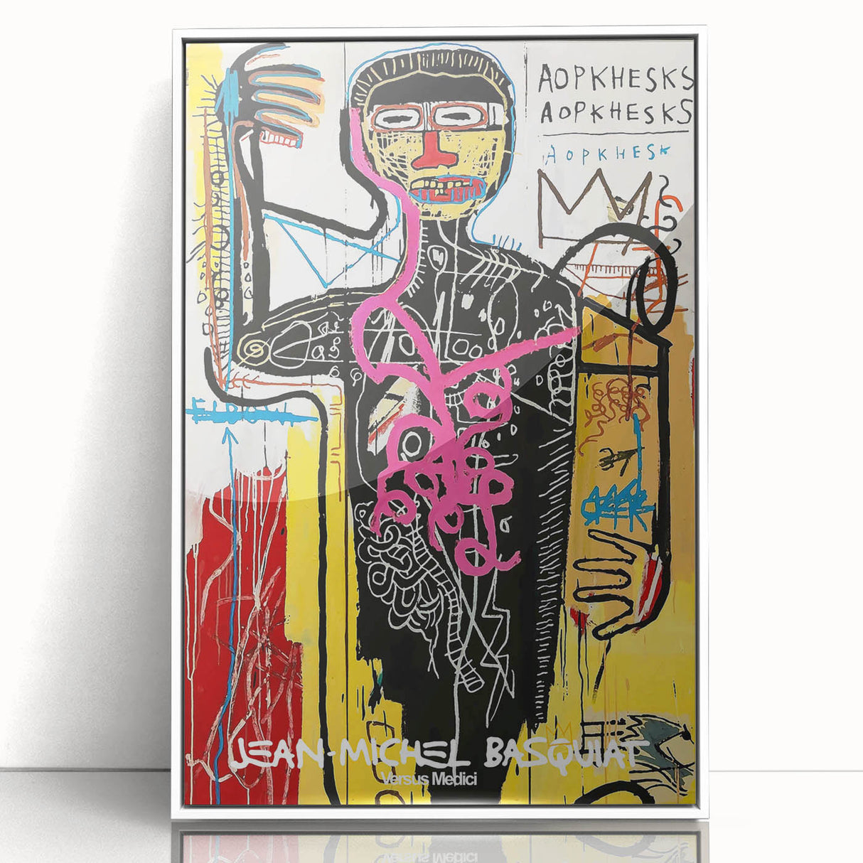 Acrylic print of a contemporary Basquiat-inspired artwork in vibrant colors, framed in white.