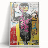 Acrylic print of a contemporary Basquiat-inspired artwork in vibrant colors, framed in white.