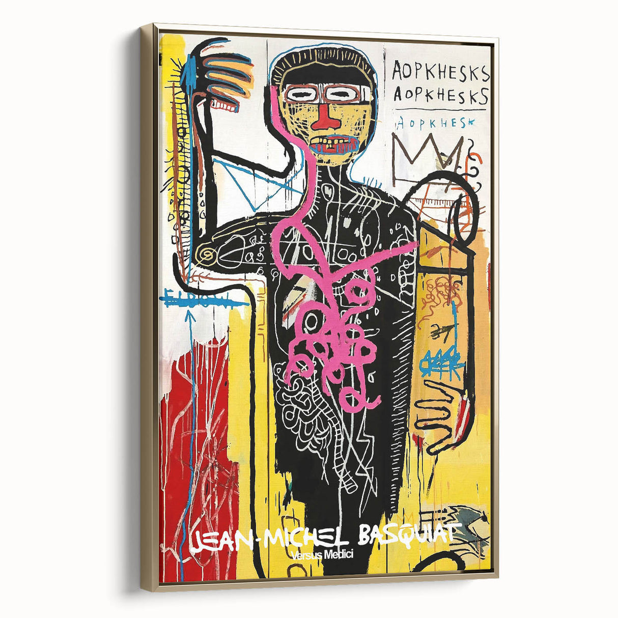Framed canvas of abstract Basquiat-inspired design in black and gold, ideal for modern bedroom decor.
