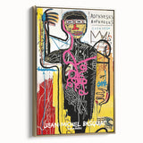 Framed canvas of abstract Basquiat-inspired design in black and gold, ideal for modern bedroom decor.