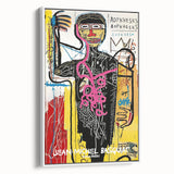 Vintage poster art featuring a colorful abstract design on a large framed canvas, ideal for living room decor.