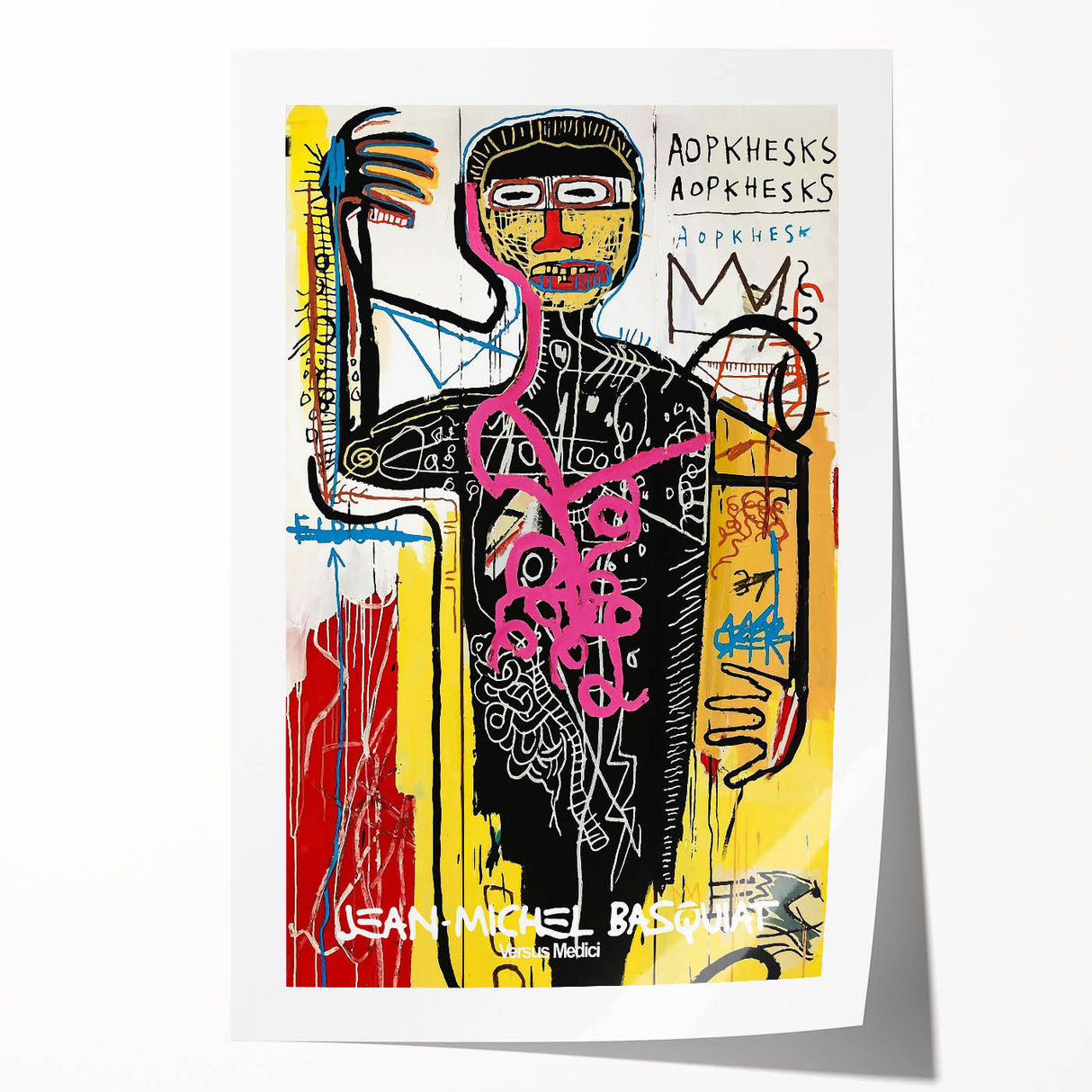 Avant-garde Basquiat-style rolled print featuring abstract floral designs in vibrant colors, ideal for art wall dining room.