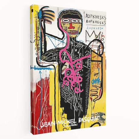 Large avant-garde Basquiat-inspired artwork on stretched canvas, featuring vibrant primary colors.