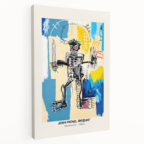 Avant-garde style Basquiat design on stretched canvas, featuring bold primary colors, ideal for kitchen wall art.