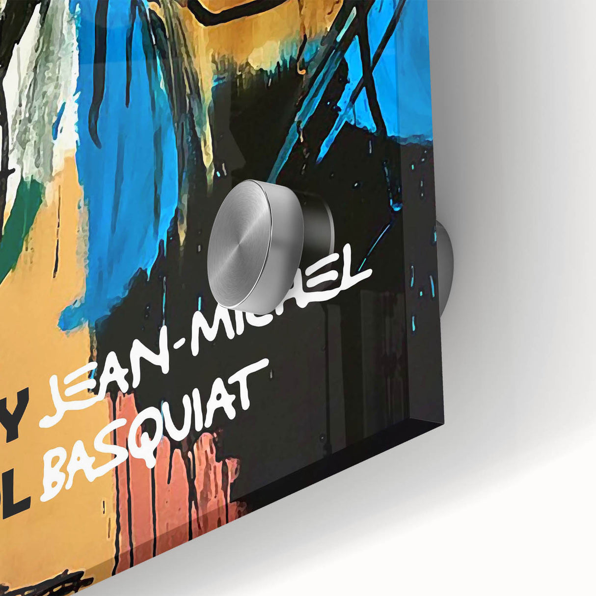 Large abstract wall art in vibrant colors on acrylic glass, featuring a mid-century modernist style.