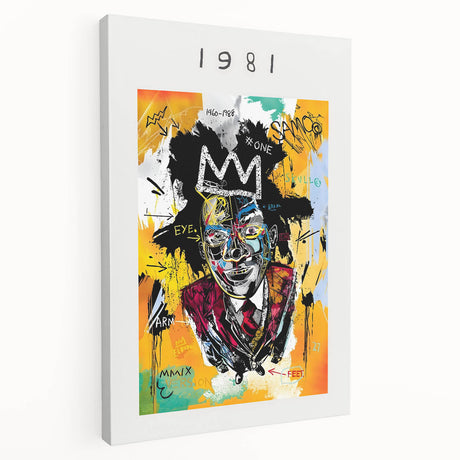 Abstract Basquiat-style artwork on stretched canvas, featuring bold, primary colors, ideal for kitchen wall art.