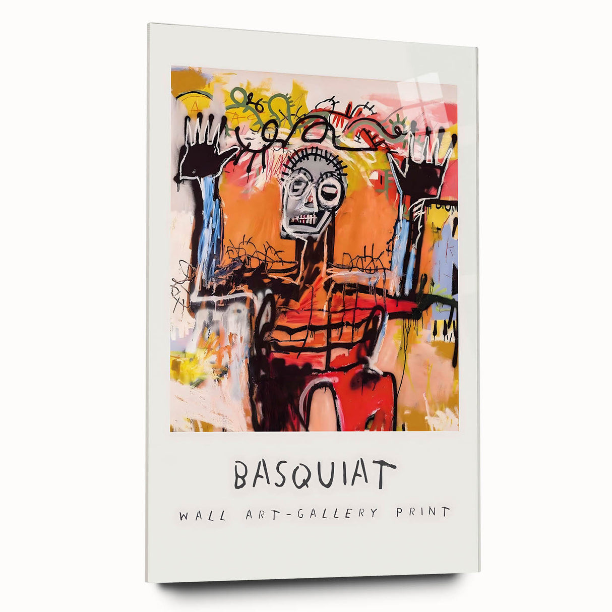 Large abstract wall art on acrylic featuring dynamic, colorful Basquiat-inspired designs.