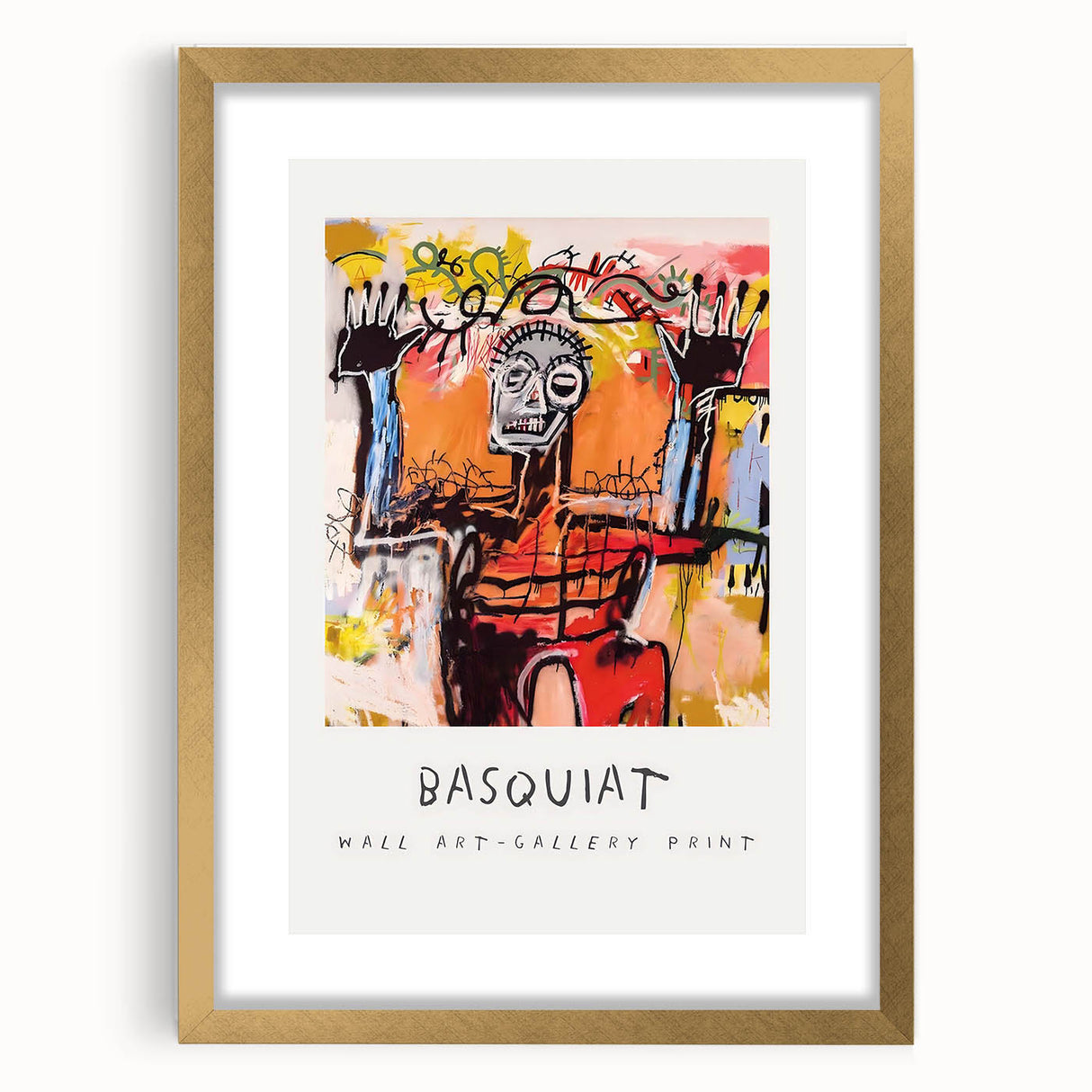 Extra large abstract art print featuring textured, avant-garde Basquiat design in a gold frame, ideal for living room decor.