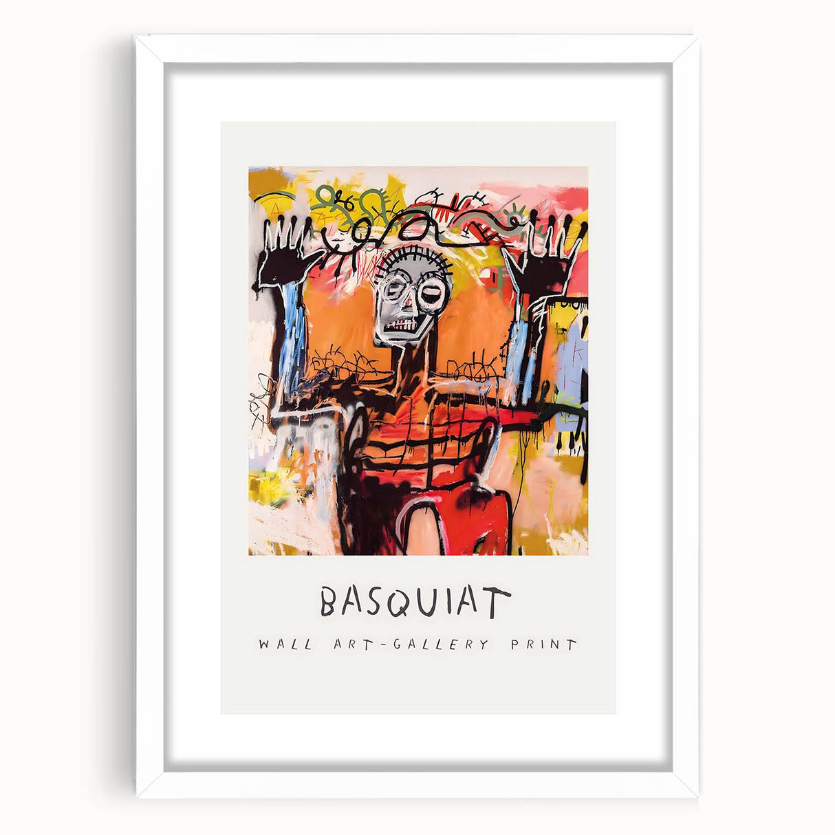 Abstract art print featuring a bold, avant-garde Basquiat design in a white frame.