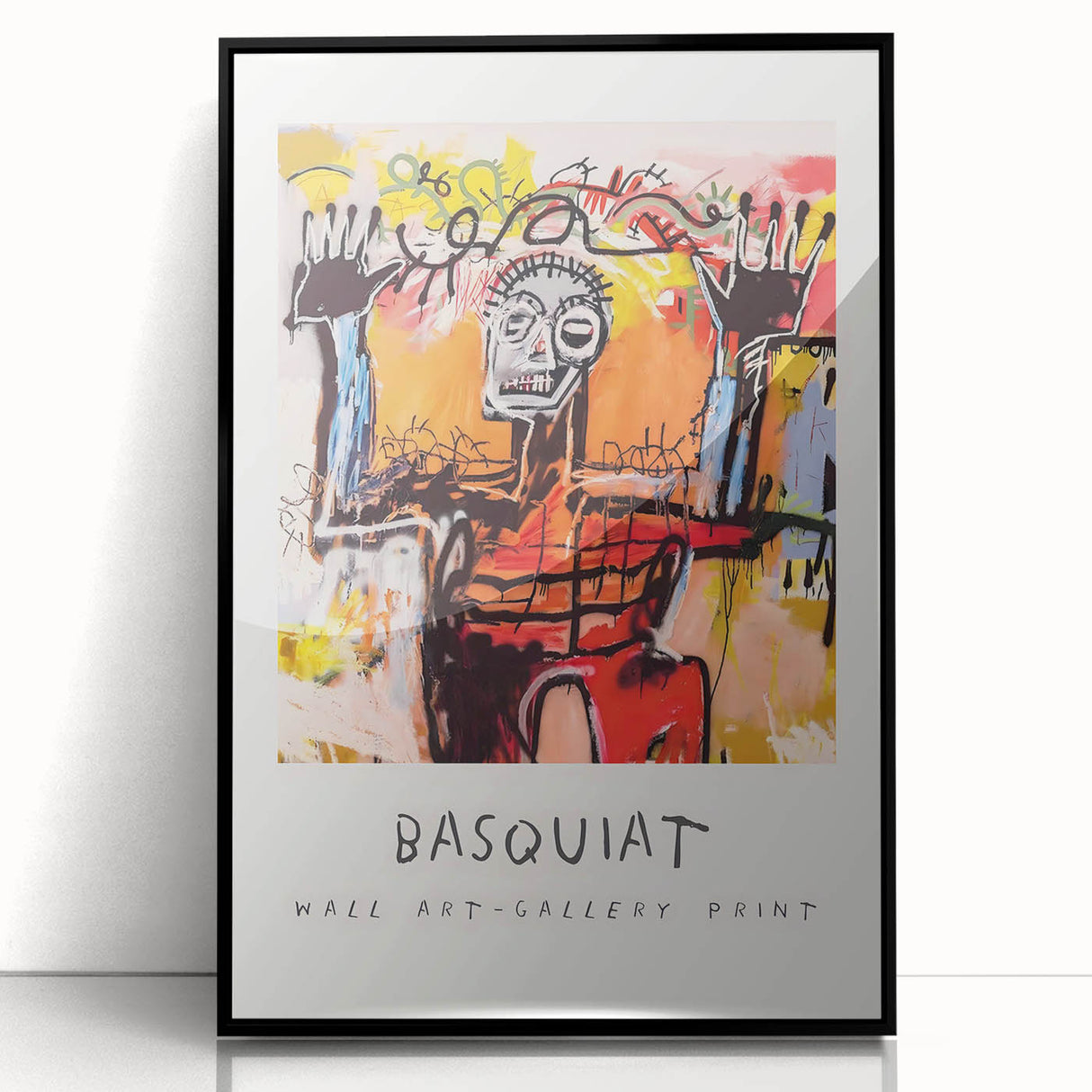 Large abstract wall art featuring bold black and white Basquiat-inspired designs on a framed acrylic.