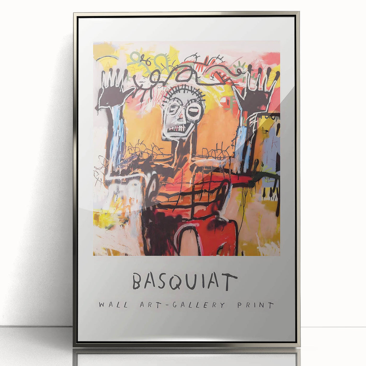 Mid-century modernist art featuring abstract shapes in vibrant colors on a silver-framed acrylic print.