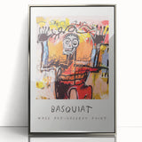 Mid-century modernist art featuring abstract shapes in vibrant colors on a silver-framed acrylic print.