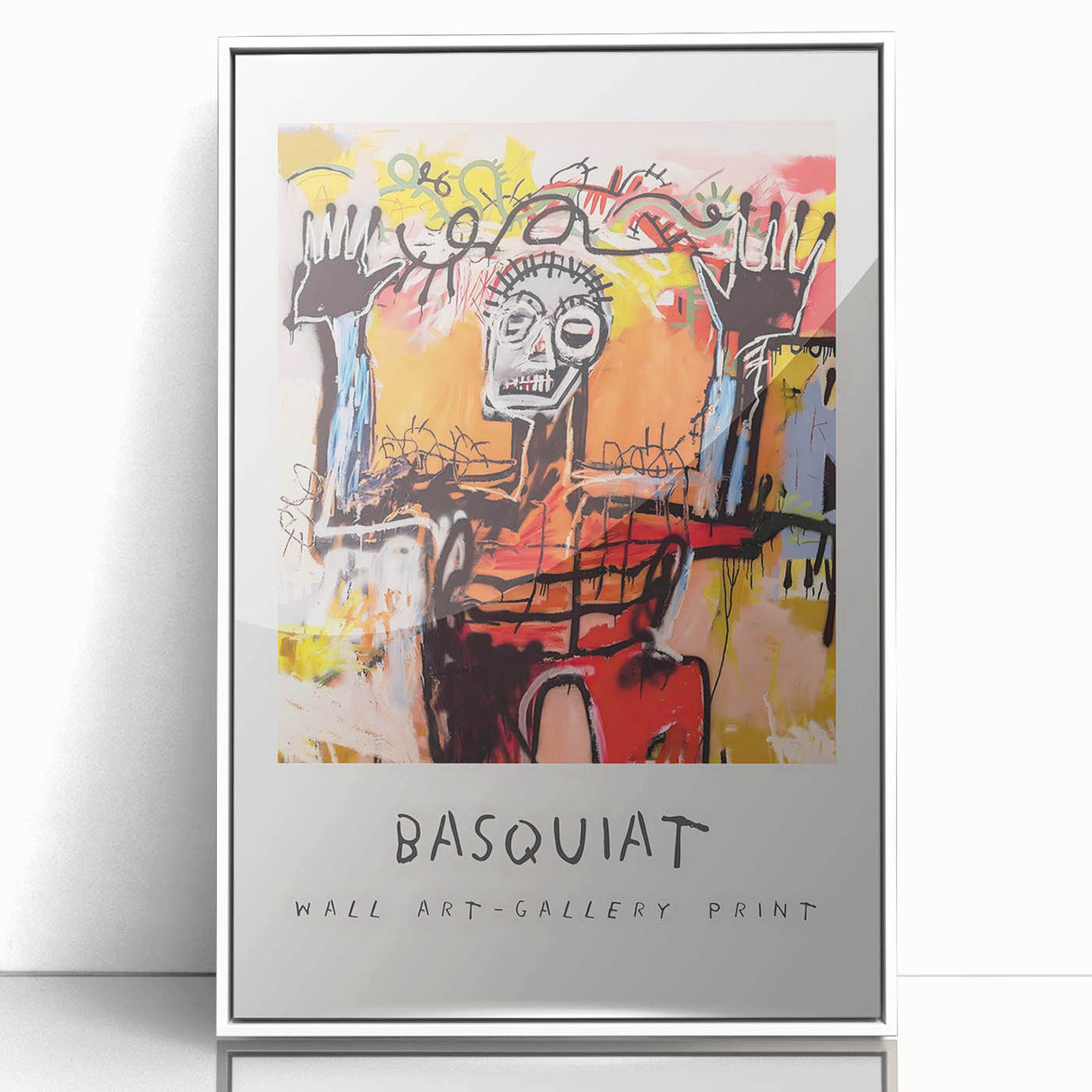 Modern art wall decor featuring a contemporary Basquiat design in vibrant colors on a framed acrylic print.