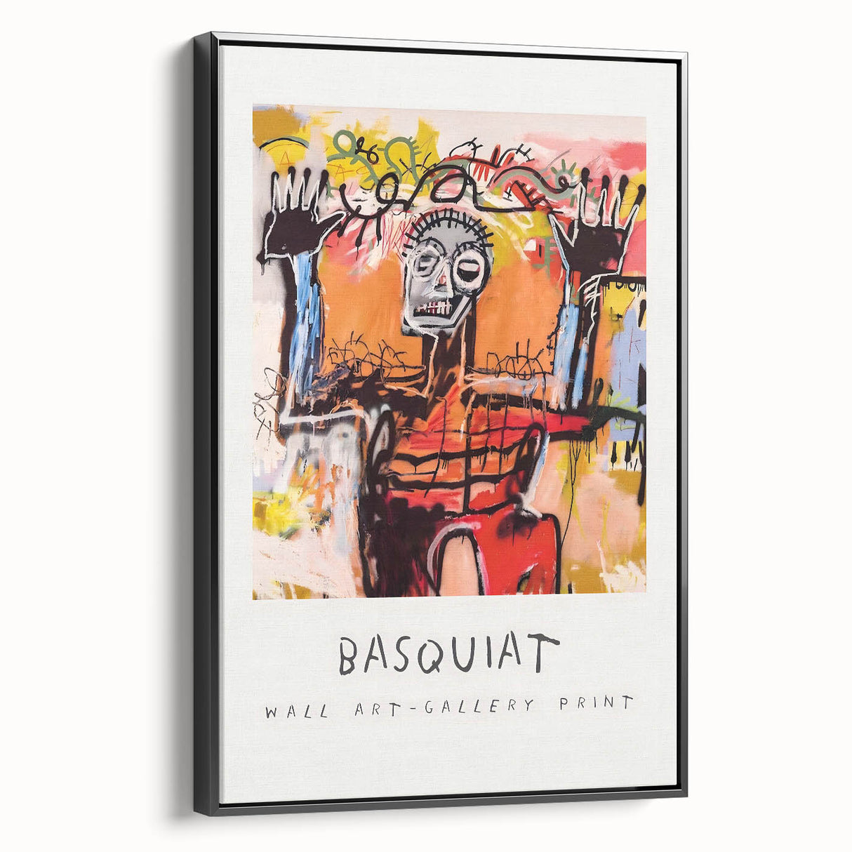 Black and white wall art featuring a contemporary Basquiat design on a framed canvas, suitable for bedroom decor.
