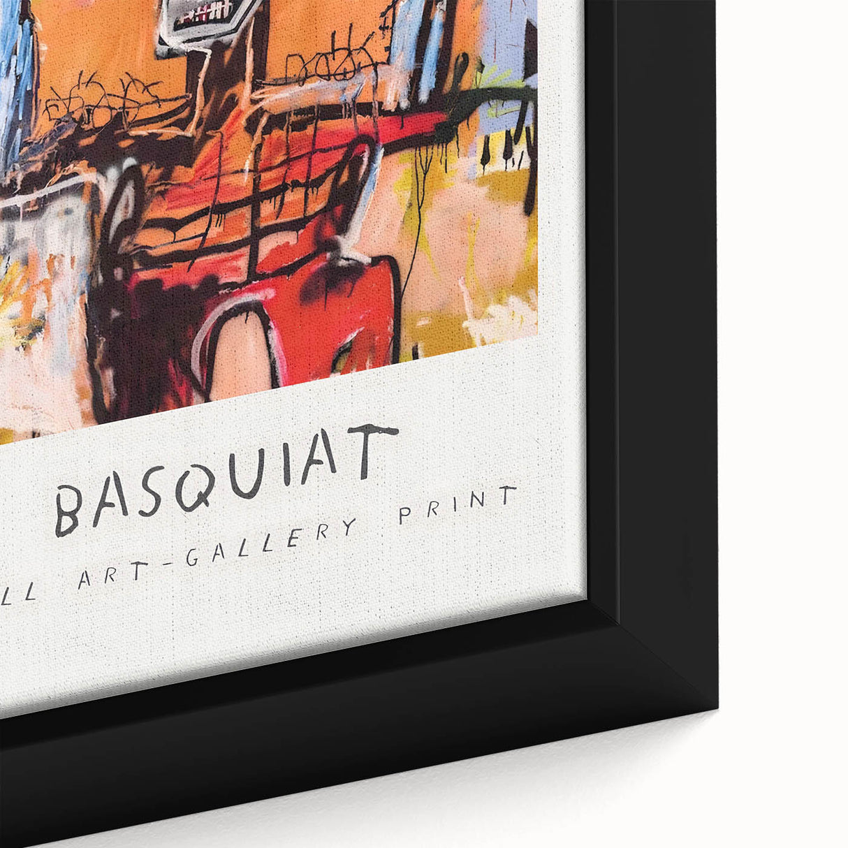 Extra large black wall art featuring a colorful, textured Basquiat design on a framed canvas, suitable for living room decor.