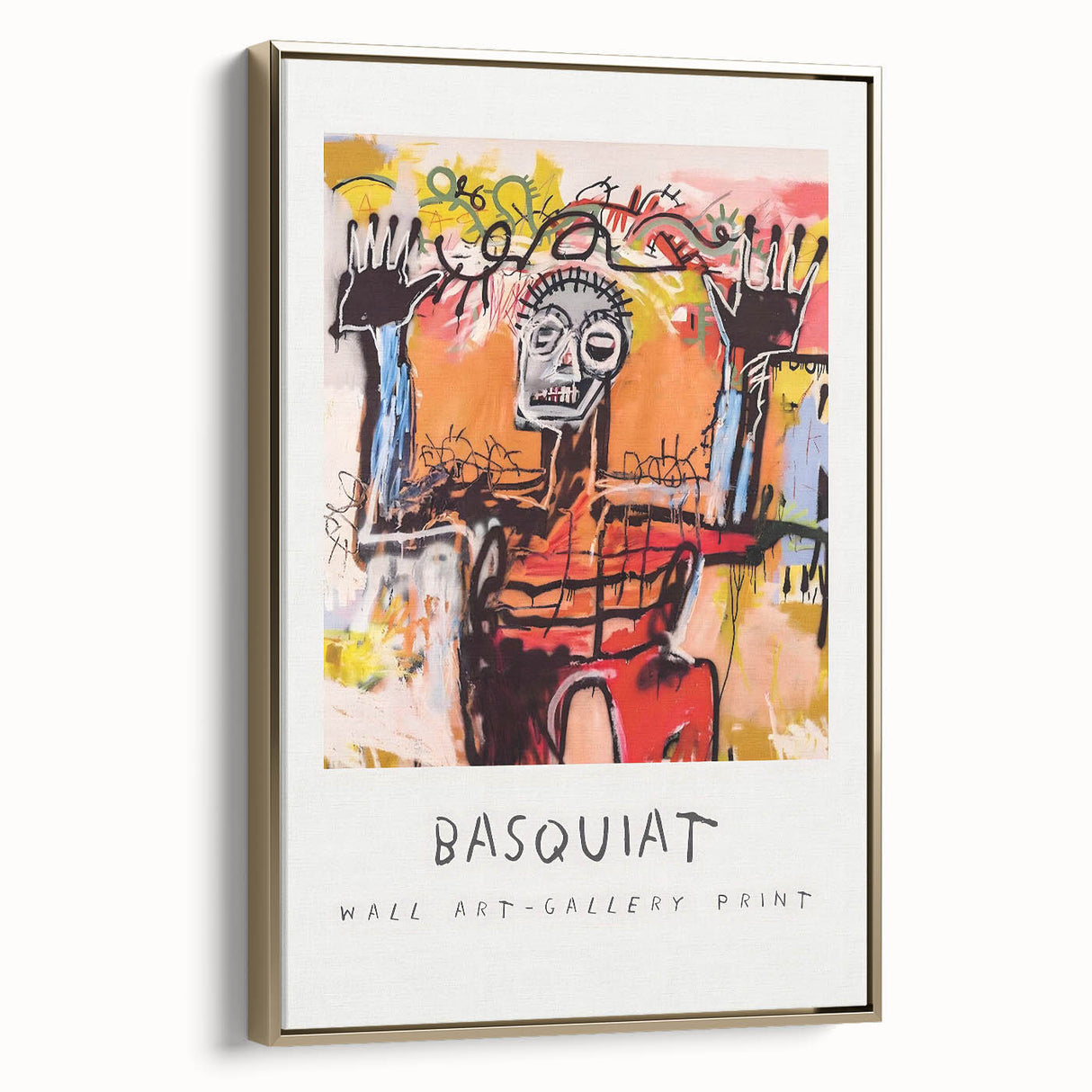 Framed canvas featuring a contemporary Basquiat-inspired design in gold and black tones, ideal for modern bedroom decor.