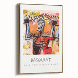 Framed canvas featuring a contemporary Basquiat-inspired design in gold and black tones, ideal for modern bedroom decor.