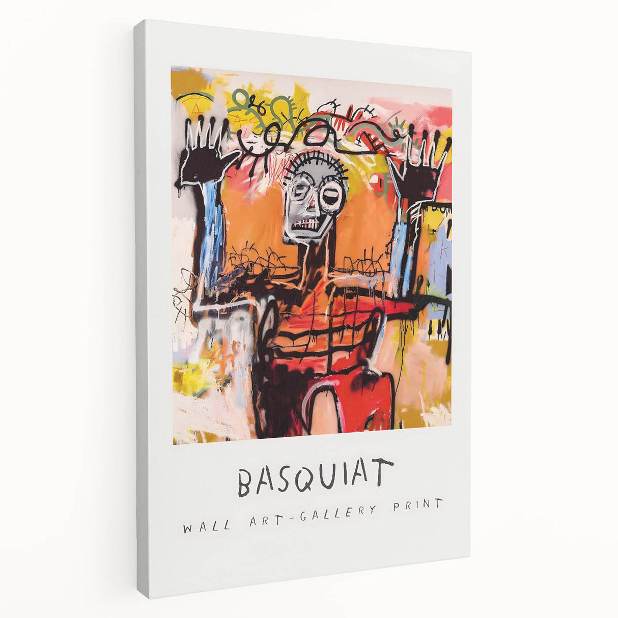 Avant-garde Basquiat-inspired artwork on stretched canvas, featuring bold primary colors, ideal for kitchen wall art.