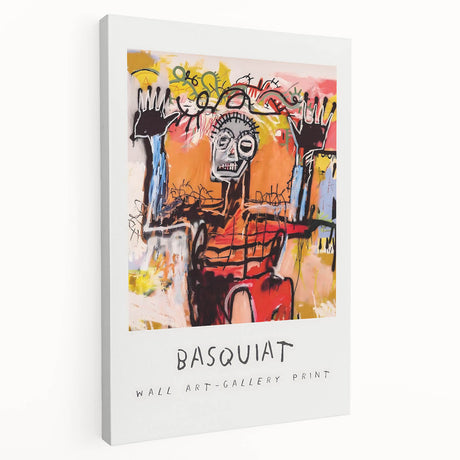 Avant-garde Basquiat-inspired artwork on stretched canvas, featuring bold primary colors, ideal for kitchen wall art.