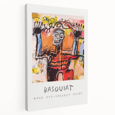 Avant-garde Basquiat-inspired artwork on stretched canvas, featuring bold primary colors, ideal for kitchen wall art.