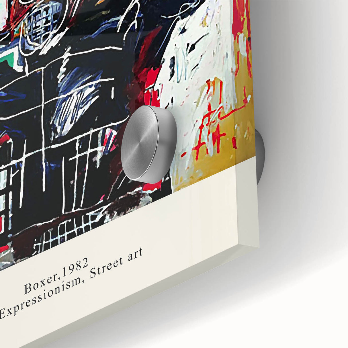 Large abstract wall art featuring mid-century modernist influences in vibrant colors on acrylic glass.