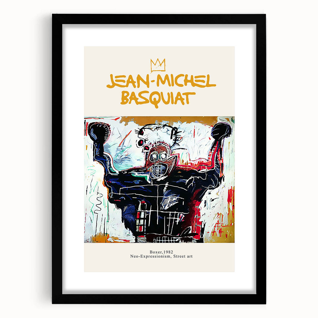 Extra large, colorful abstract art print featuring textured, avant-garde Basquiat design on a framed canvas.