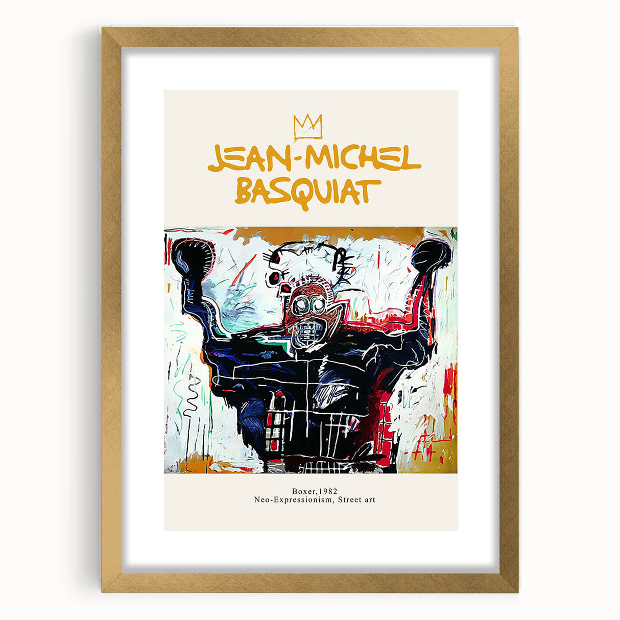 Extra large abstract art print featuring a textured, avant-garde Basquiat design in a gold frame.