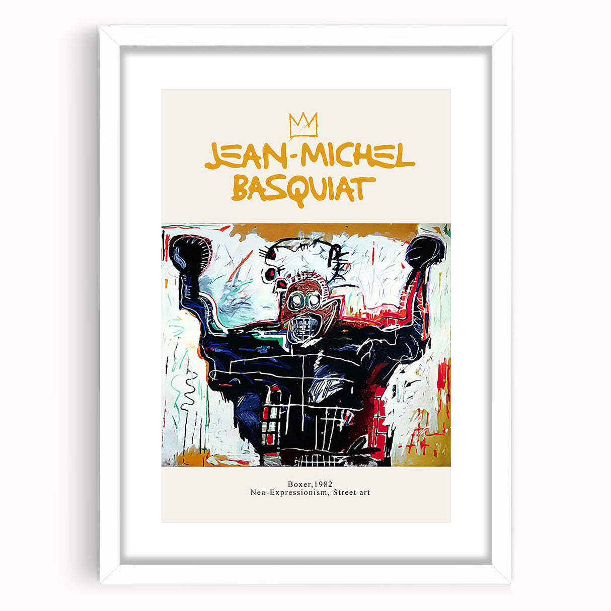 Abstract art print featuring avant-garde Basquiat design in a white frame, suited for bedroom or dining room decor.