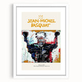 Abstract art print featuring avant-garde Basquiat design in a white frame, suited for bedroom or dining room decor.