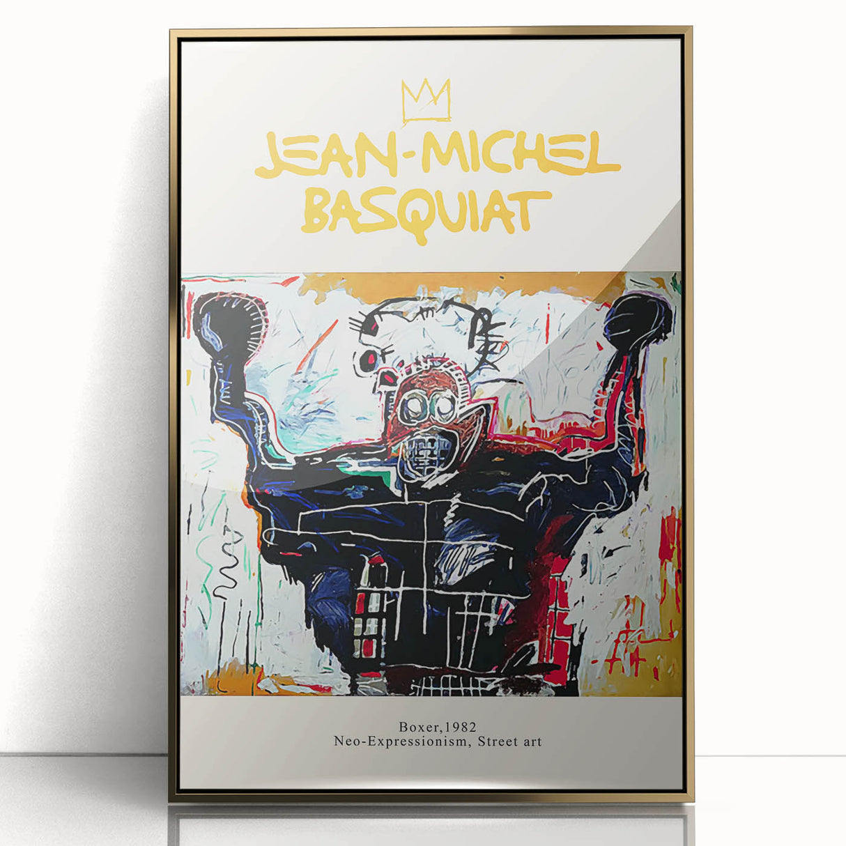 Large acrylic print of a Basquiat-inspired avant-garde design, featuring bold colors and mid-century modernist style.