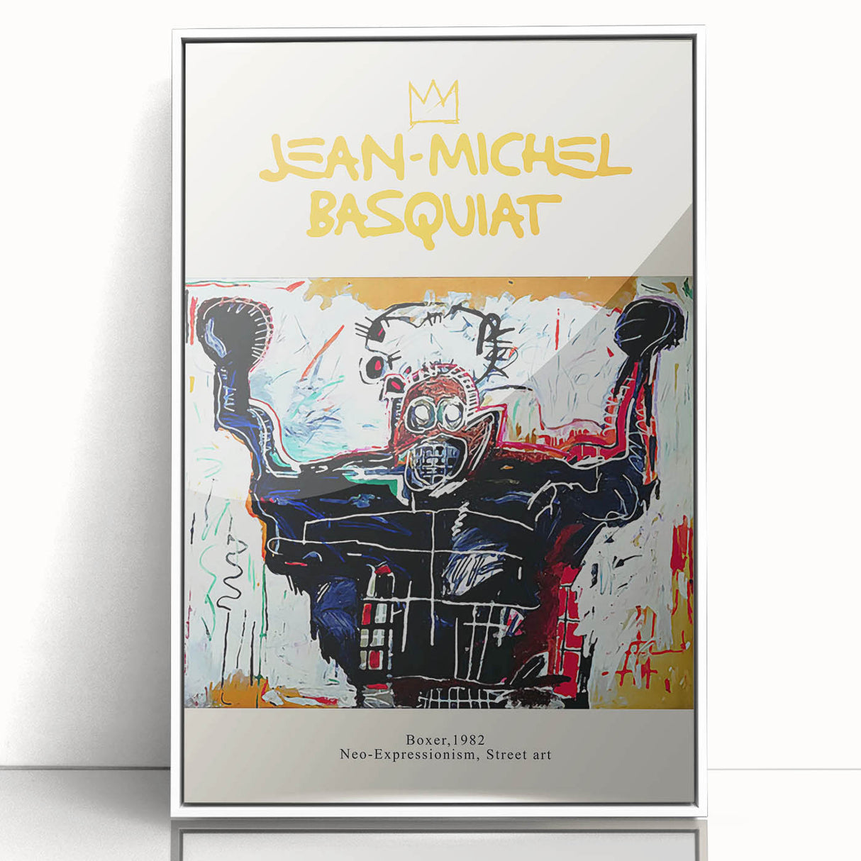 Modern art wall decor featuring a contemporary Basquiat design in vibrant colors on a white acrylic frame.