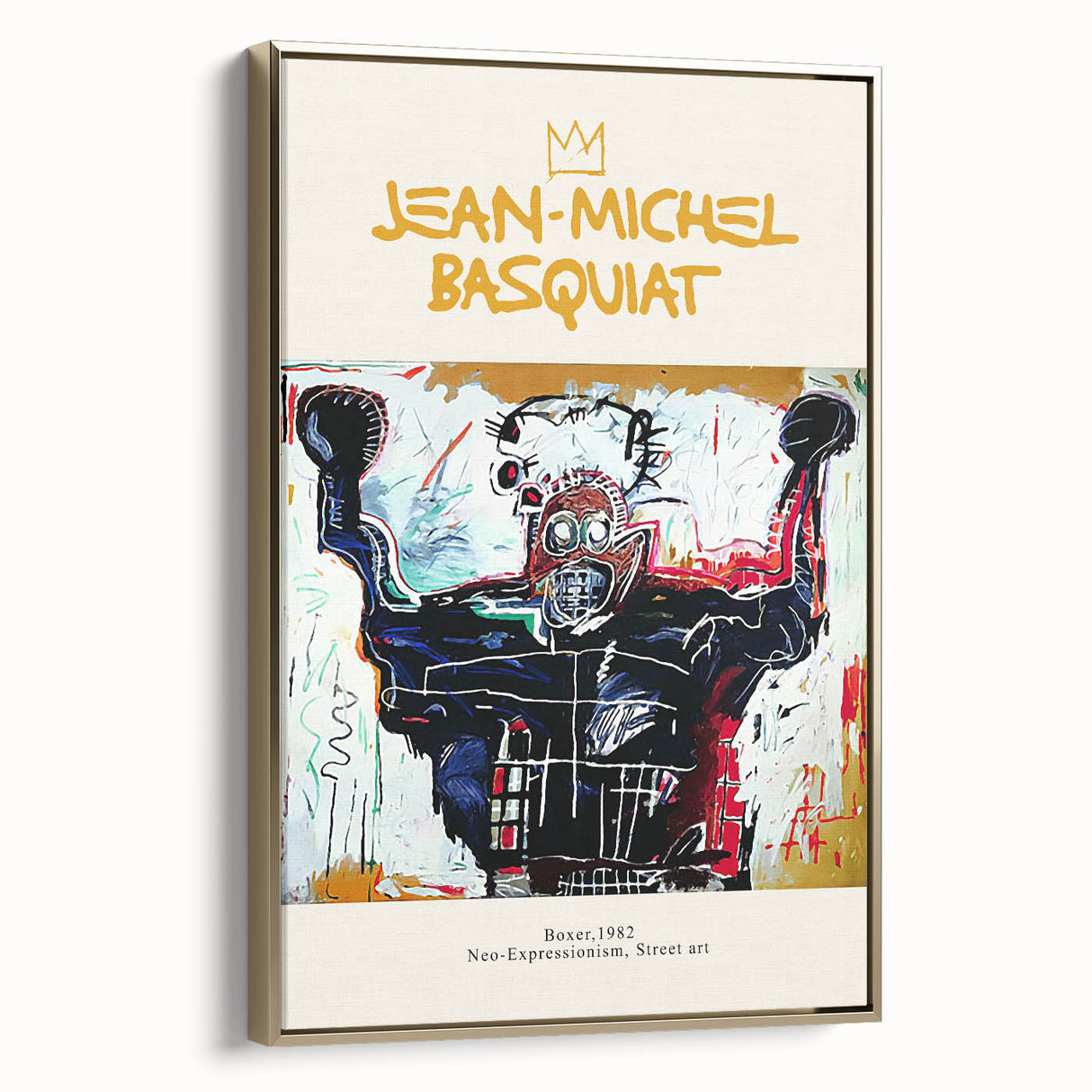 Avant-garde Basquiat-style framed canvas in gold, featuring abstract black figures, ideal for bedroom wall art.