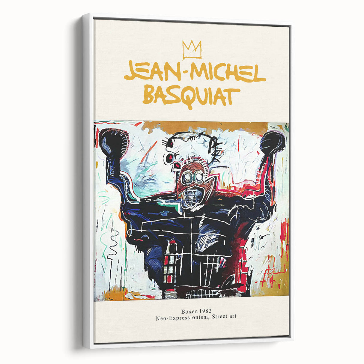 Vintage poster art of an abstract Basquiat design in vibrant colors on a framed canvas, ideal for living room decor.