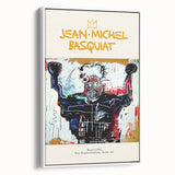 Vintage poster art of an abstract Basquiat design in vibrant colors on a framed canvas, ideal for living room decor.