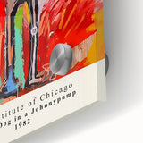 Mid-century modernist large abstract wall art in vibrant colors on acrylic glass, ideal for dining room ambiance.