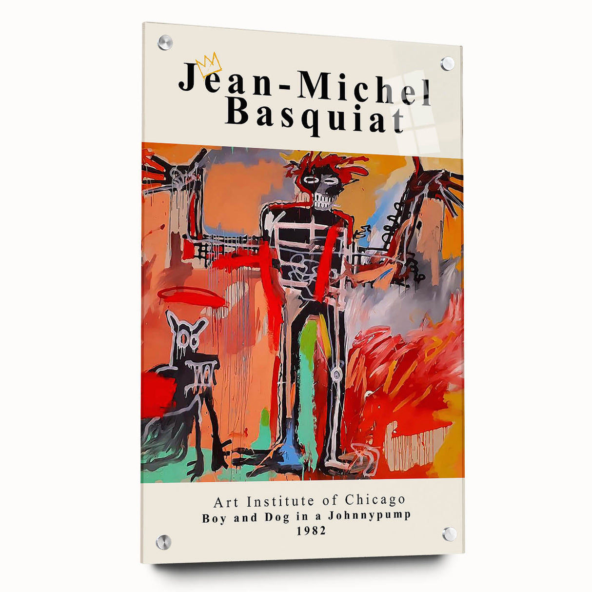 Large abstract wall art on acrylic glass featuring avant-garde, Basquiat-inspired designs.
