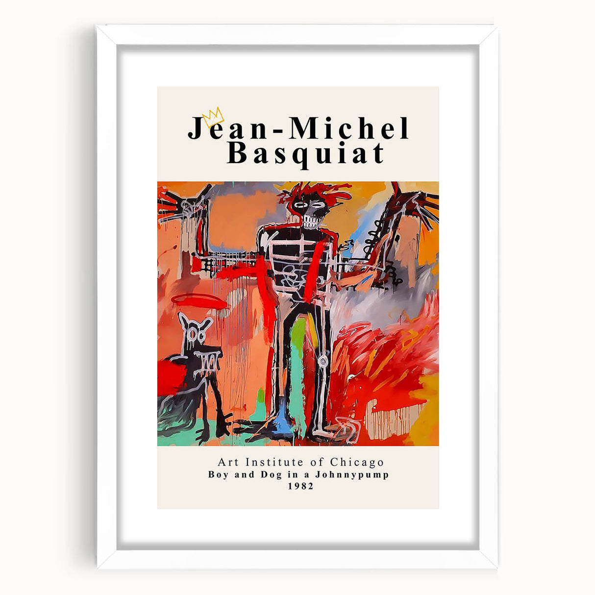 Abstract art print featuring dynamic, multicolored graffiti-style patterns on a white framed canvas.